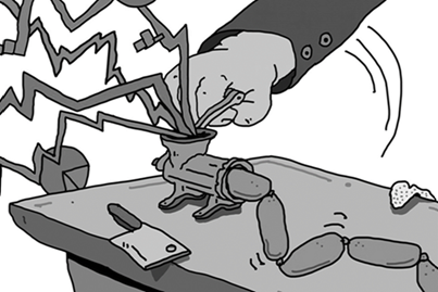 Cartoon of stock tickers being ground into a meat grinder